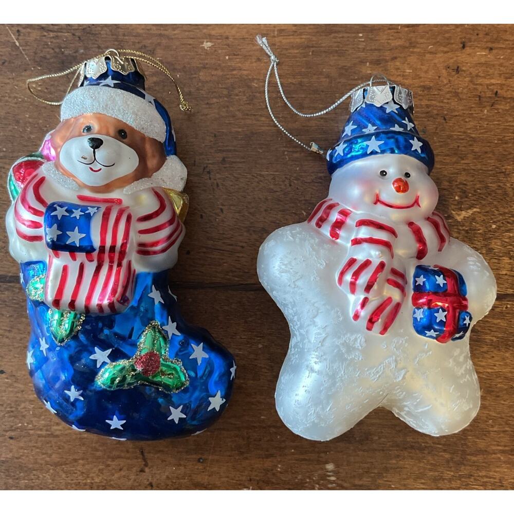 Glass Blown Christmas Ornament Dog In Stocking & Snowman Patriotic, USA Lot 2